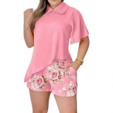 Women Solid Turndown Collar irregular Top printed shorts two-piece set