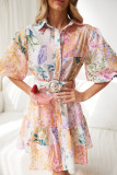 Printed Bohemian lantern short sleeve belt single-breasted a-line dress