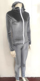 Women Fall and Winter Casual Velvet Hooded Zippered Top Long Pants Two-piece Set