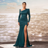 Women long sleeve Slash Shoulder Bodycon Formal Party fishtail slit evening dress