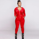Women Fall and Winter Casual Velvet Hooded Zippered Top Long Pants Two-piece Set