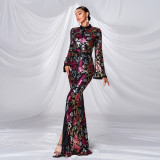 Women long sleeve Round Neck Formal Party sequined fishtail evening dress