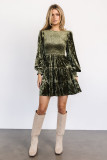 Women's long sleeve ruffle Round Neck short velvet dress