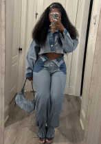 Women Fashion color matching Denim Top and Pant two-piece set