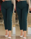 Women Solid Pleated Zipper Cropped Pants