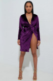 Women autumn and winter tie V-neck long-sleeved velvet sexy Bodycon Dress