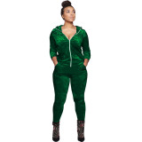 Women Fall and Winter Casual Velvet Hooded Zippered Top Long Pants Two-piece Set