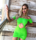 Women Off Shoulder Halter Neck Drawstring Pleated Bodycon Dress