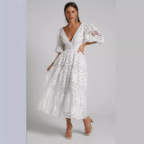 Women's Summer v-neck lace embroidery sexy hollow Waist long dress