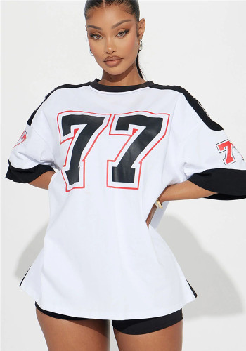 Autumn loose fashion Casual contrast color sports top print short-sleeved Jersey