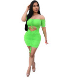 Women Off Shoulder Halter Neck Drawstring Pleated Bodycon Dress