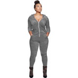 Women Fall and Winter Casual Velvet Hooded Zippered Top Long Pants Two-piece Set