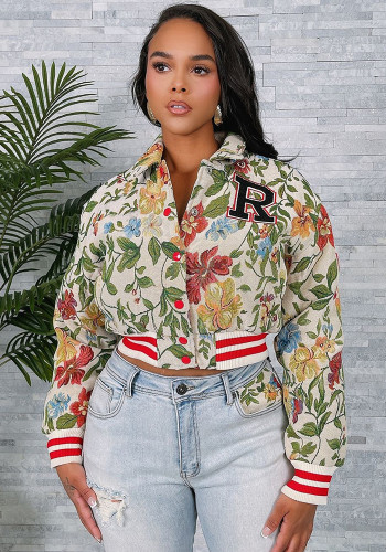 Spring jacquard women's long sleeve turndown collar short jacket