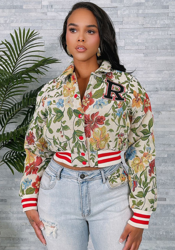 Spring jacquard women's long sleeve turndown collar short jacket