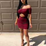 Women Off Shoulder Halter Neck Drawstring Pleated Bodycon Dress