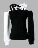 Women Casual color-blocked off-shoulder Halter Neck long-sleeved Top