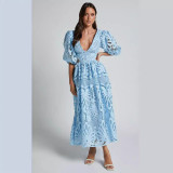 Women's Summer v-neck lace embroidery sexy hollow Waist long dress