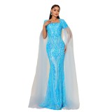 Women long sleeve square neck Formal Party Bodycon sequined fishtail evening dress
