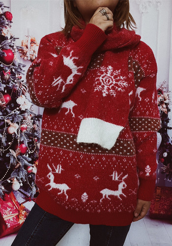 Autumn winter Round Neck long-sleeved deer snowflake jacquard Christmas sweater scarf two-piece set