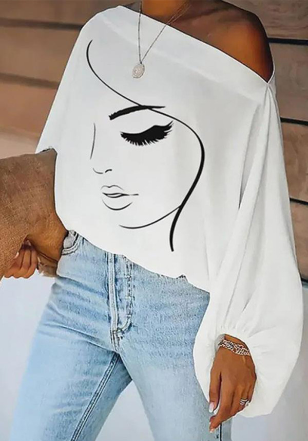 fashionable Casual printed long-sleeved loose women's slash-shoulder bat shirt