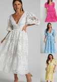 Women's Summer v-neck lace embroidery sexy hollow Waist long dress