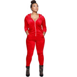 Women Fall and Winter Casual Velvet Hooded Zippered Top Long Pants Two-piece Set