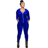 Women Fall and Winter Casual Velvet Hooded Zippered Top Long Pants Two-piece Set