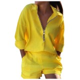 Women printed zipper shirt shorts two-piece set