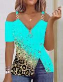 Women Summer Anchor Print Suspender Zipper V-neck T-shirt