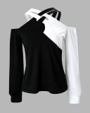 Women Casual color-blocked off-shoulder Halter Neck long-sleeved Top