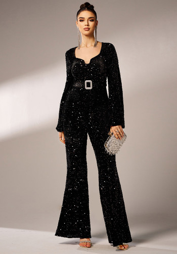 Women long sleeve square neck Bodycon Formal Party sequined Jumpsuit