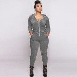 Women Fall and Winter Casual Velvet Hooded Zippered Top Long Pants Two-piece Set