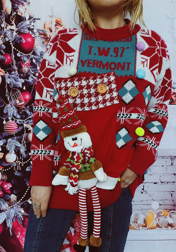 Women autumn and winter Christmas button letter snowman doll sweater