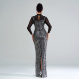 Women long sleeve Round Neck Bodycon Formal Party Sequined fishtail evening dress