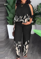 Plus Size Women Round Neck Half Sleeve Beaded Print Top and Pants Two-piece Set Plus Size Women Round Neck Half Sleeve Beaded Print Top and Pants Two-piece Set