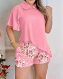 Women Solid Turndown Collar irregular Top printed shorts two-piece set