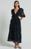Women's Summer v-neck lace embroidery sexy hollow Waist long dress