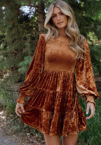 Women's long sleeve ruffle Round Neck short velvet dress