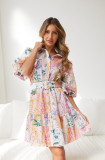 Printed Bohemian lantern short sleeve belt single-breasted a-line dress