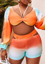 Women Elegant Gradient Lace Zipper Hollow Top and Shorts Two-piece Set Women Elegant Gradient Lace Zipper Hollow Top and Shorts Two-piece Set