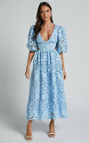 Women's Summer v-neck lace embroidery sexy hollow Waist long dress
