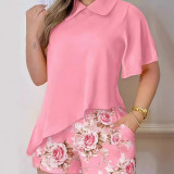 Women Solid Turndown Collar irregular Top printed shorts two-piece set
