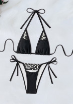 Women Sexy Bikini Black Pearl Lace Swimwear Two Pieces