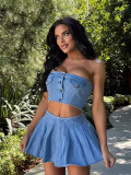 Women elastic chest button Top and Denim split Skirt 2-piece set