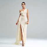 Slash Shoulder Formal Party Sequin Slit Evening Dress