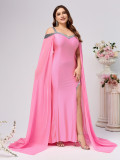 Plus Size Women Suspender Sequin Solid Trailing Evening Dress