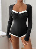 Autumn Chic long-sleeved square neck contrast knitting bodysuit