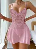 sexy lingerie Pink strap lacemesh night dress