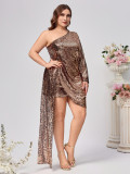 Plus Size Women Sequin Single Sleeve Trailing Dress