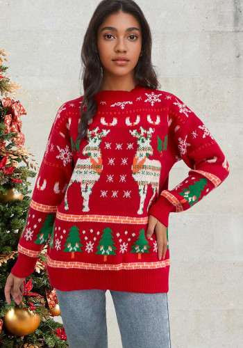 Christmas Plus Size Women autumn and winter deer red sweater